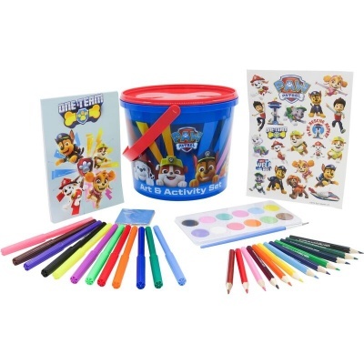 Conjunto de artes e atividades Patrulha Pata com balde azul, lápis, canetas, aguarelas, autocolantes e bloco de desenho