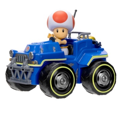 Brinquedo Toad da Nintendo num carro azul com grandes rodas pretas
