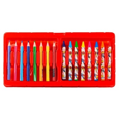 Estojo vermelho com lápis e canetas de várias cores organizadas