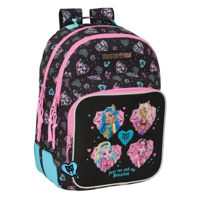 Mochila infantil Monster High preta com padrões e personagens coloridos e detalhes rosa e azul