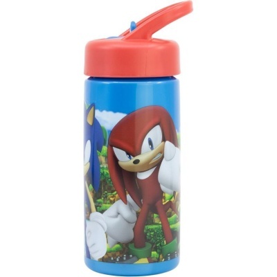 Garrafa azul com tampa vermelha e personagens do Sonic.