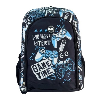 Mochila preta e azul com estampado de comandos e texto de videojogos.