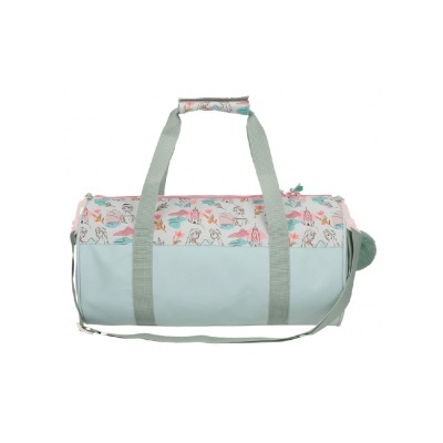 Mala desportiva azul clara e cor-de-rosa com padrão de cães cartoon e alças longas azuis