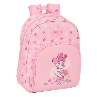 Mochila infantil cor-de-rosa com estampa da Minnie Mouse e flores coloridas