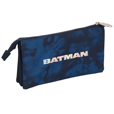 Estojo escolar azul com padrão tie-dye e texto BATMAN holográfico