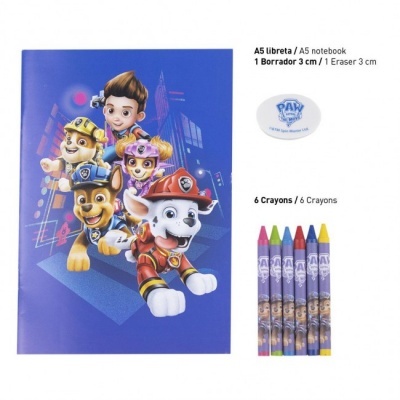 Conjunto Paw Patrol com caderno, borracha e lápis de cera.