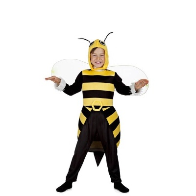 Criança com fato de abelha amarelo e preto com asas e antenas
