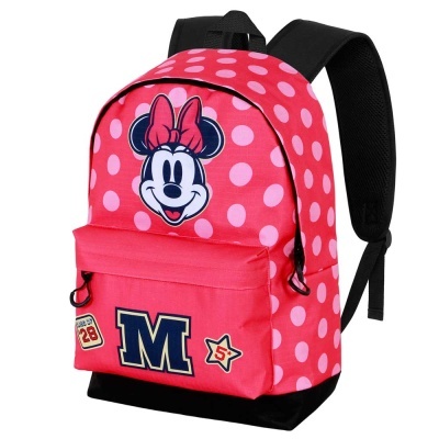 Mochila infantil rosa com bolinhas e imagem da Minnie