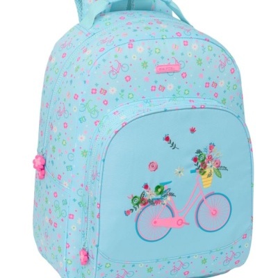 Mochila azul clara com padrão de bicicletas e flores, desenho frontal de bicicleta cor-de-rosa com flores