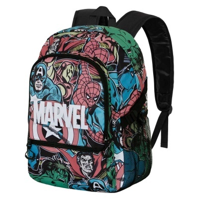 Mochila Marvel com personagens coloridos e alças pretas acolchoadas