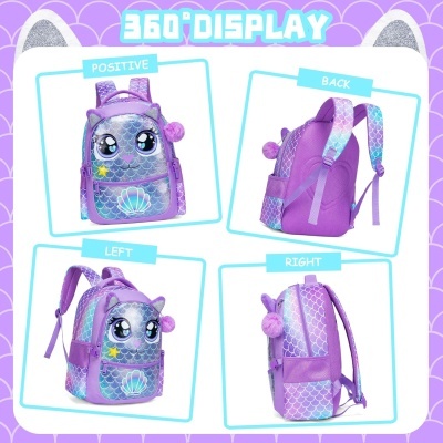Mochila infantil roxa com olhos grandes e padrão escamas