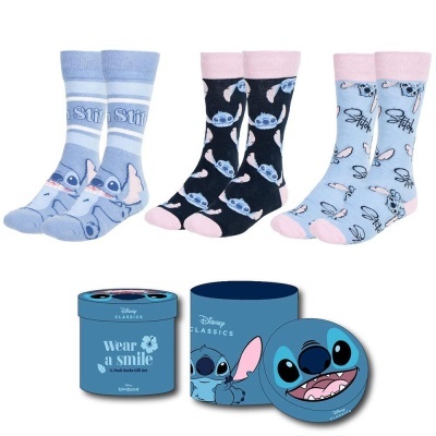Três pares de meias Disney Stitch e caixa azul redonda com rosto Stitch
