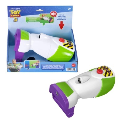 Luvas de brinquedo Space Ranger Laser em plástico branco, verde e roxo na embalagem azul Toy Story 5