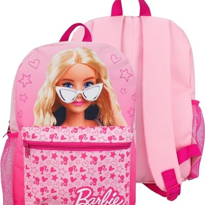 Mochila rosa Barbie com imagem da boneca e bolso frontal estampado