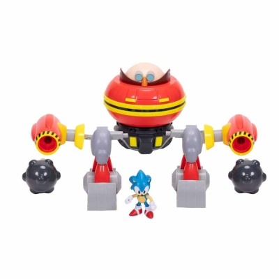 Figura de ação robô vermelho e pequena figura azul estilo Sonic sobre fundo branco
