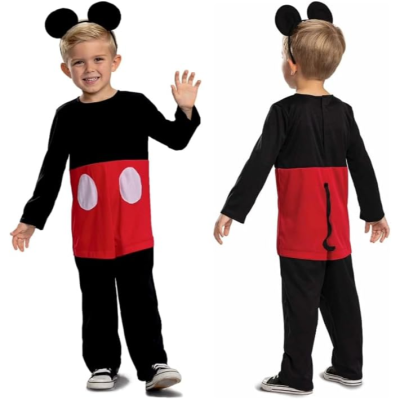 Fato de fantasia infantil preto e vermelho com orelhas redondas pretas e detalhes brancos.