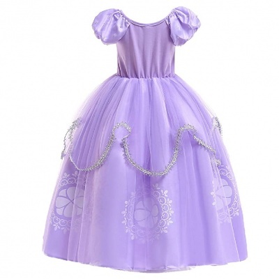 Vestido infantil lilás de princesa com saia em tule bordado e mangas curtas