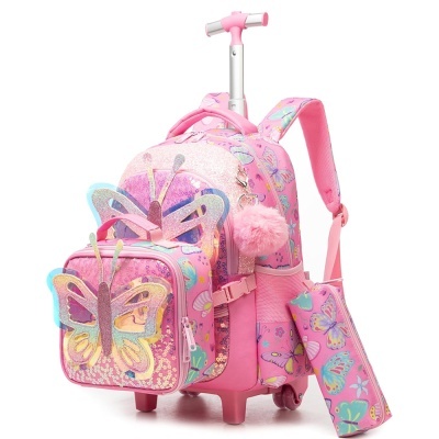 Mochila rosa de carrinho com borboletas e estojo