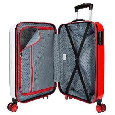 Mala de viagem rígida vermelha e branca aberta com interior cinzento e rodas vermelhas