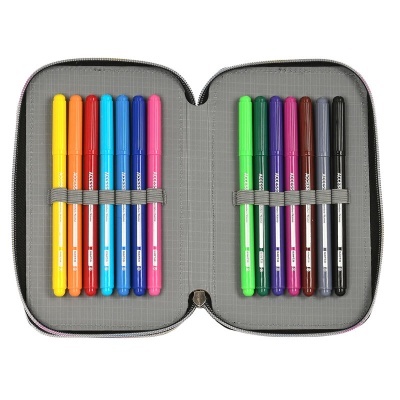 Estojo aberto com canetas coloridas organizadas em bandas elásticas