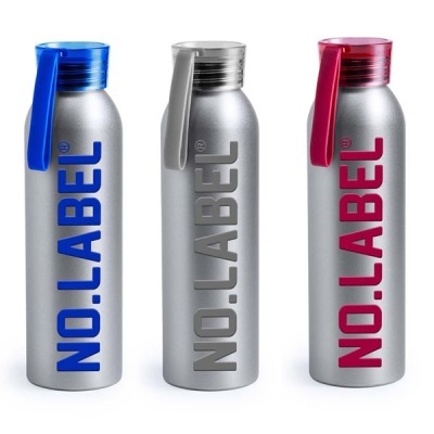 Três garrafas metálicas prateadas com tampas coloridas e escrita NO.LABEL