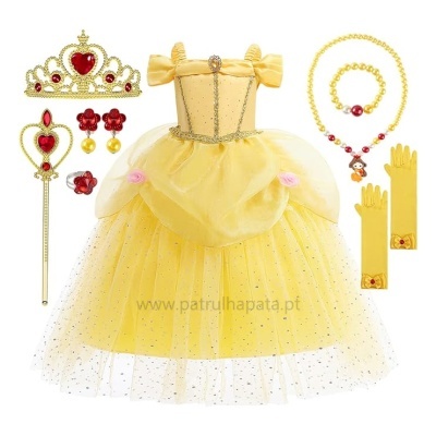 Conjunto de vestido de princesa amarelo com acessórios dourados e vermelhos