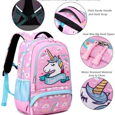 Mochila rosa com estampa de unicórnio e arco-íris para crianças