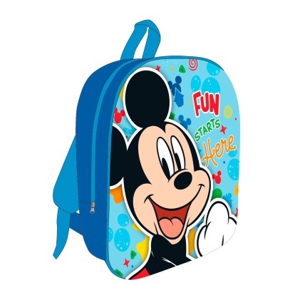 Mochila azul infantil com estampa de Mickey Mouse e texto FUN STARTS here