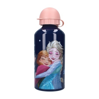 Garrafa metálica azul escuro com tampa rosa e ilustração de Anna e Elsa a abraçarem-se