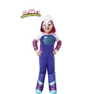 Fato infantil da personagem Marvel Spidey Amazing Friends roxo, branco e azul com máscara e padrão de aranha.
