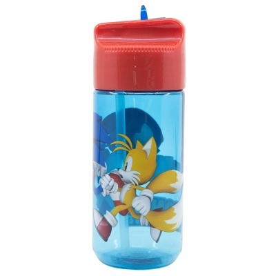 Garrafa plástica azul com tampa vermelha e desenho do personagem Tails