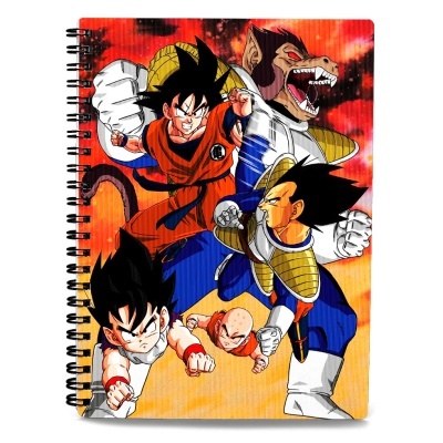 Caderno espiral com capa de personagens de Dragon Ball em cores vibrantes