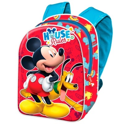 Mochila infantil com o Mickey Mouse e Pluto, fundo vermelho e alças azuis