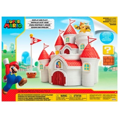 Brinquedo Super Mario Deluxe Mushroom Kingdom Castle Playset com castelo branco e torres vermelhas