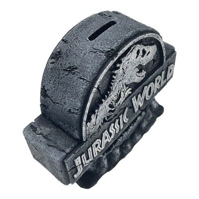 Cofre cinzento Jurassic World com dinossauro em relevo