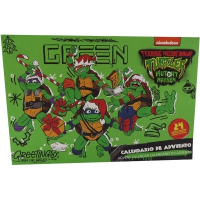 Calendário de advento Teenage Mutant Ninja Turtles Mutant Mayhem verde com tartarugas ninja a usar gorros de Natal e prendas