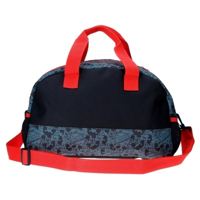 Bolsa de desporto com padrão Disney Mickey Mouse azul e preto com pegas e alça vermelhas.