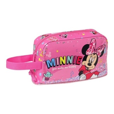 Necessaire rosa com estampa da Minnie Mouse e texto colorido