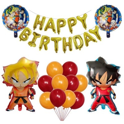 Conjunto de balões de festa com personagens de anime e letras douradas Happy Birthday