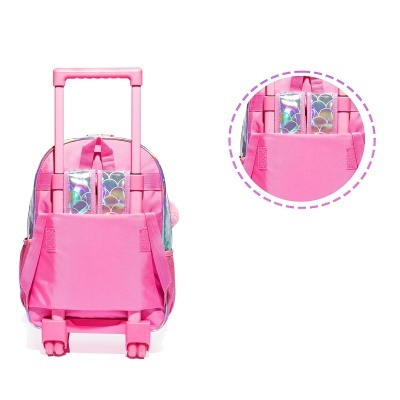 Mochila rosa com rodas e puxador extensível, com porta-lápis escamado colorido