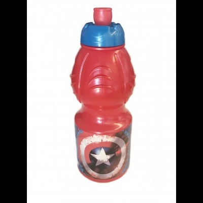 Garrafa vermelha com tampa azul e escudo do Capitão América