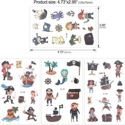 Folhas de autocolantes com desenhos de piratas, barcos e elementos associados, coloridos