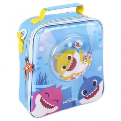 Mala azul Baby Shark com personagens coloridos e compartimento transparente