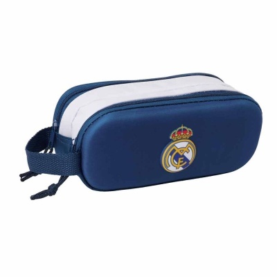 Estojo azul e branco com emblema do Real Madrid
