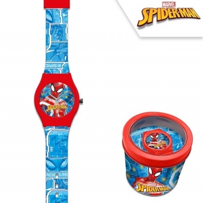 Relógio de criança Homem-Aranha com bracelete azul e mostrador vermelho, embalado em caixa cilíndrica vermelha temática.