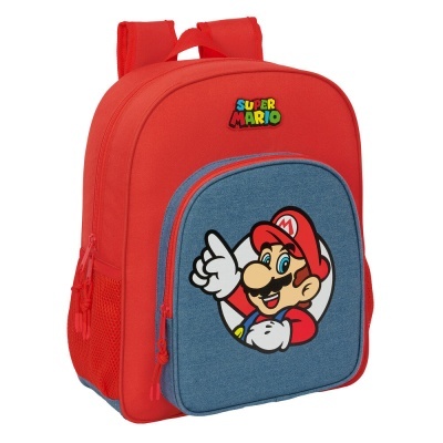 Mochila infantil vermelha e azul com estampa do Super Mario