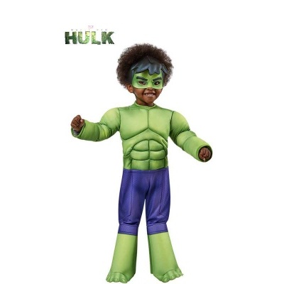 Fantasia infantil do Hulk verde com calças roxas e máscara, em fundo branco