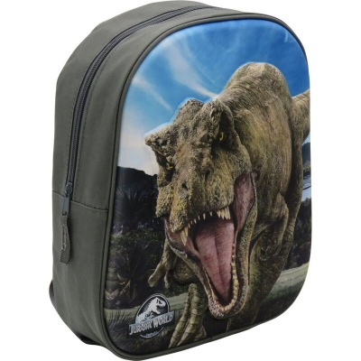 Mochila infantil cinzenta com imagem de dinossauro Tyrannosaurus rex e logótipo Jurassic World