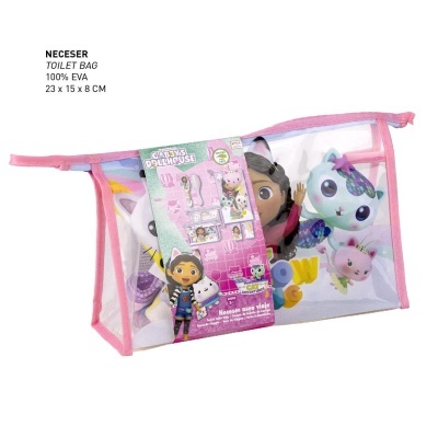 Neceser transparente com personagens infantis e detalhes cor-de-rosa.