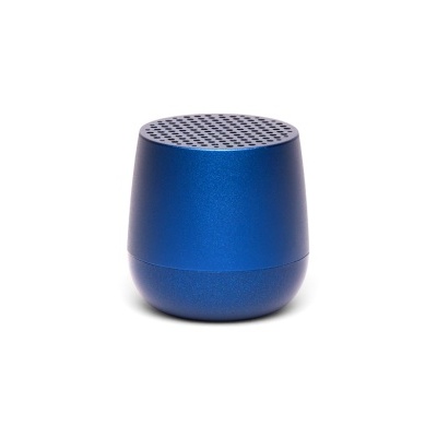 Coluna de som portátil azul metálico com grelha circular preta no topo.